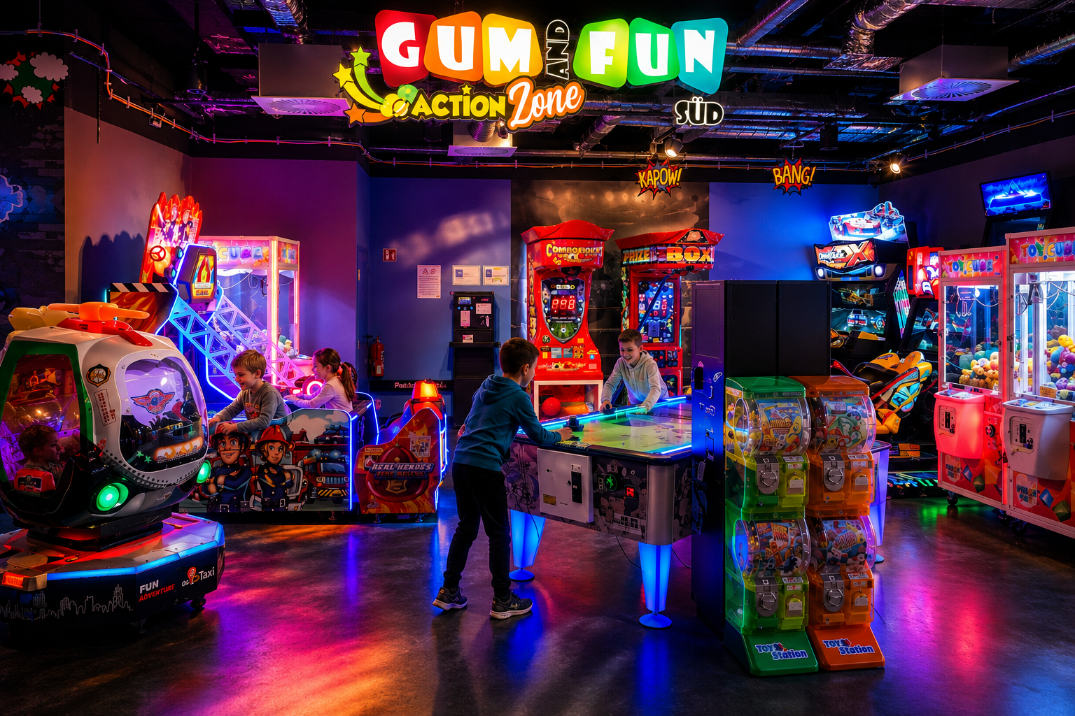 Familie beim gemeinsamen Spielen in der ActionZone unter dem Gum and Fun Logo